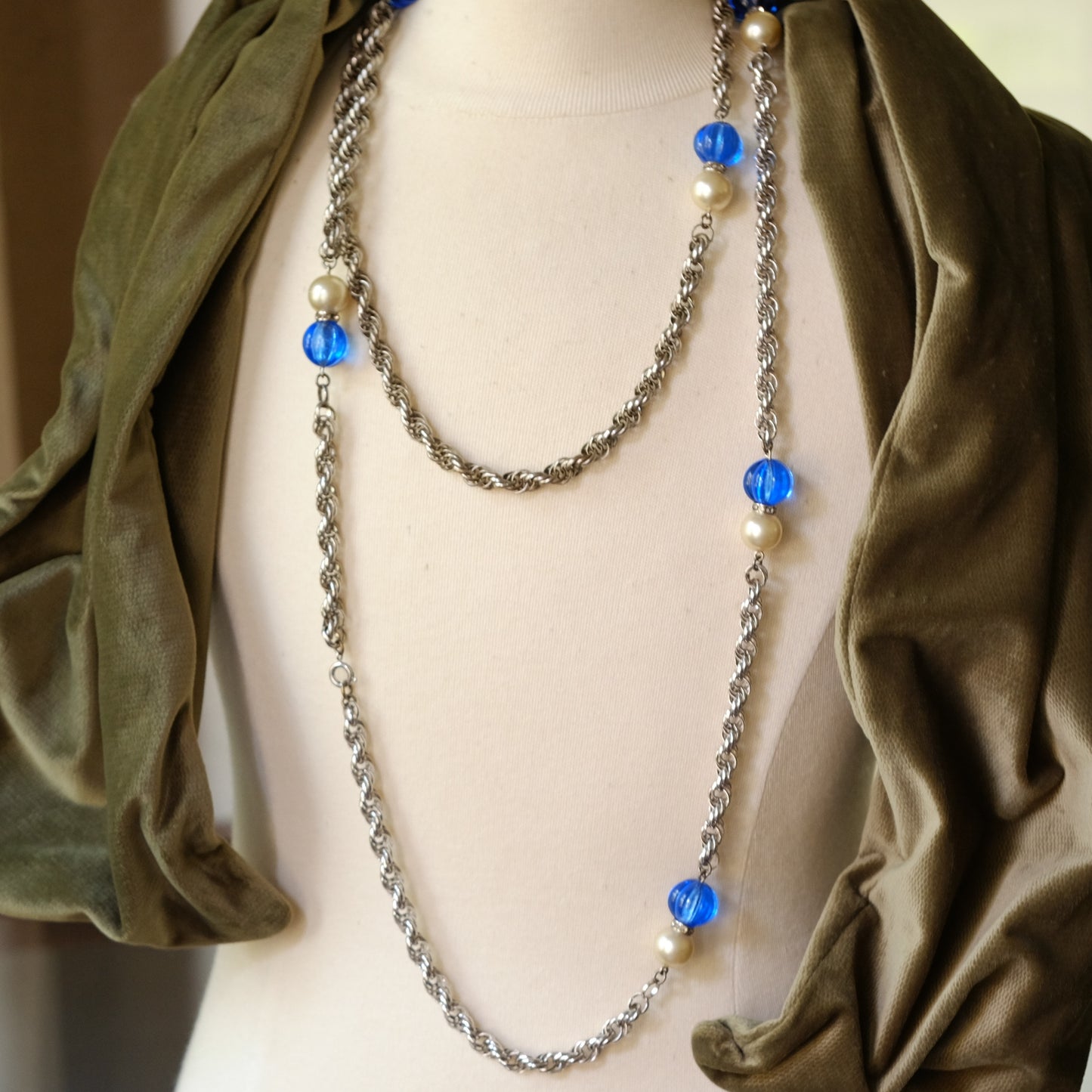 Vintage Long Sotuar Necklace with Blue Melon Beads