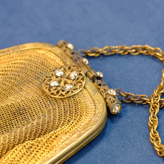 Antique Germany Micro Metal Mesh evening purse with filigree and rhinestones