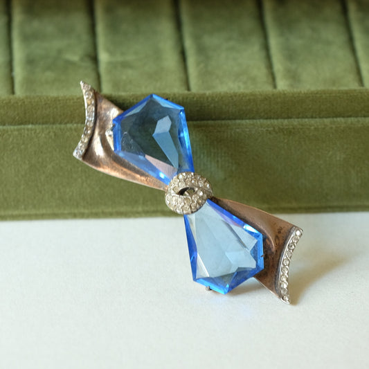 Vintage Retro Sterling Bow brooch with Blue Glass 1940s