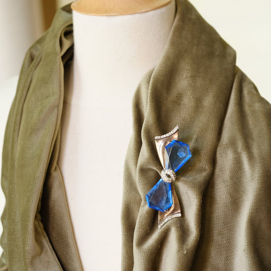 Vintage Retro Sterling Bow brooch with Blue Glass 1940s