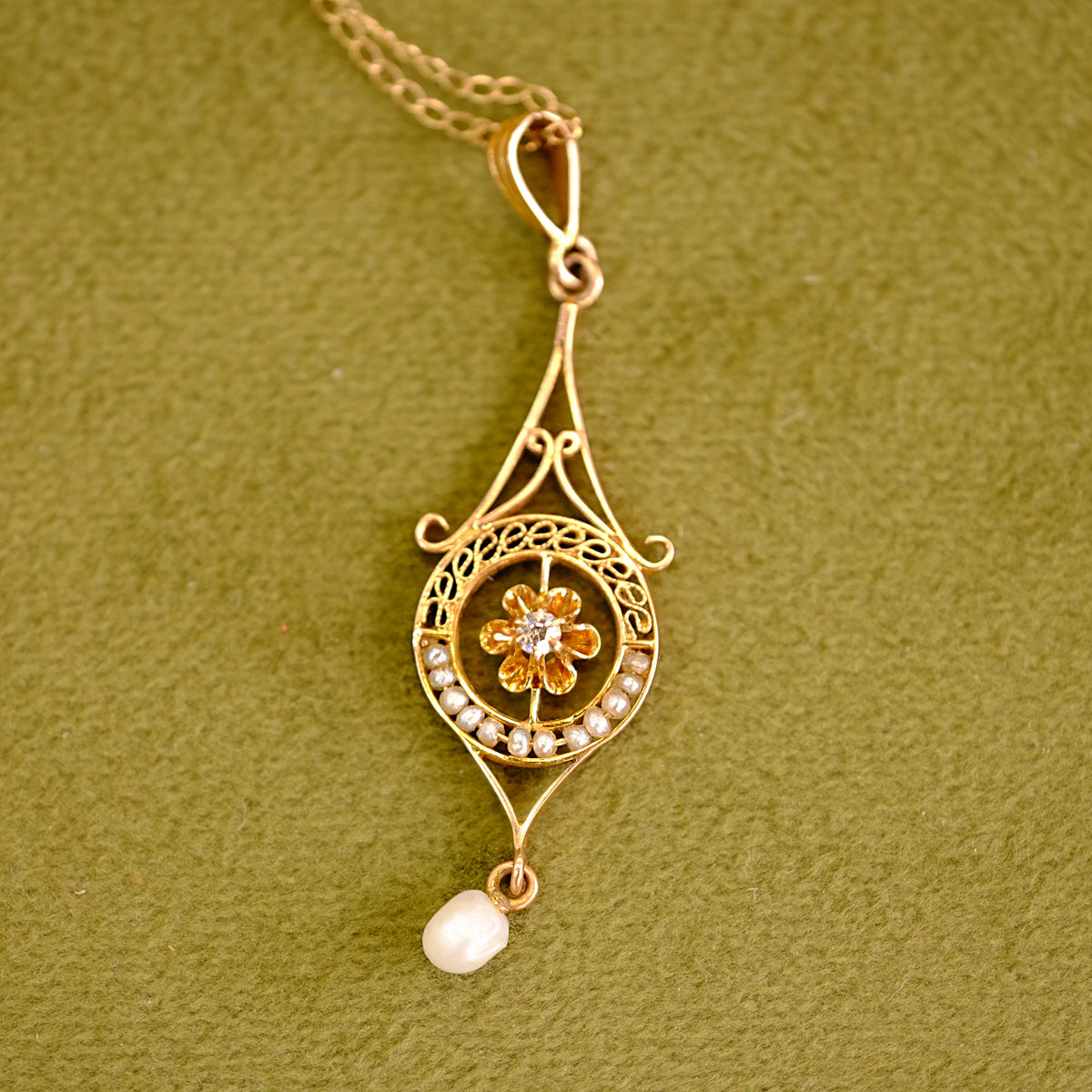 14K Yellow gold Diamond Seed Pearl Lavalier