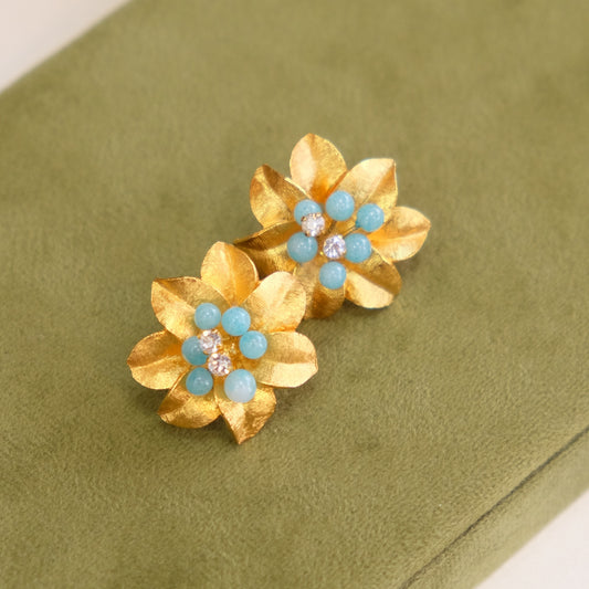 Flower Earrings with Blue Glass and Rhinestones