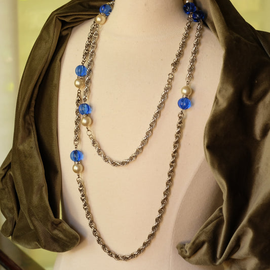 Vintage Long Sotuar Necklace with Blue Melon Beads