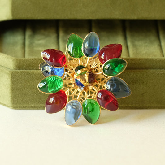 Gem Color Glass Flower Moans Couture Brooch