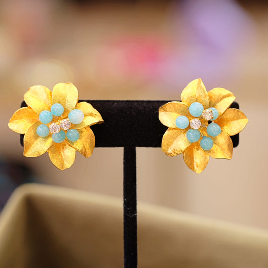 Flower Earrings with Blue Glass and Rhinestones