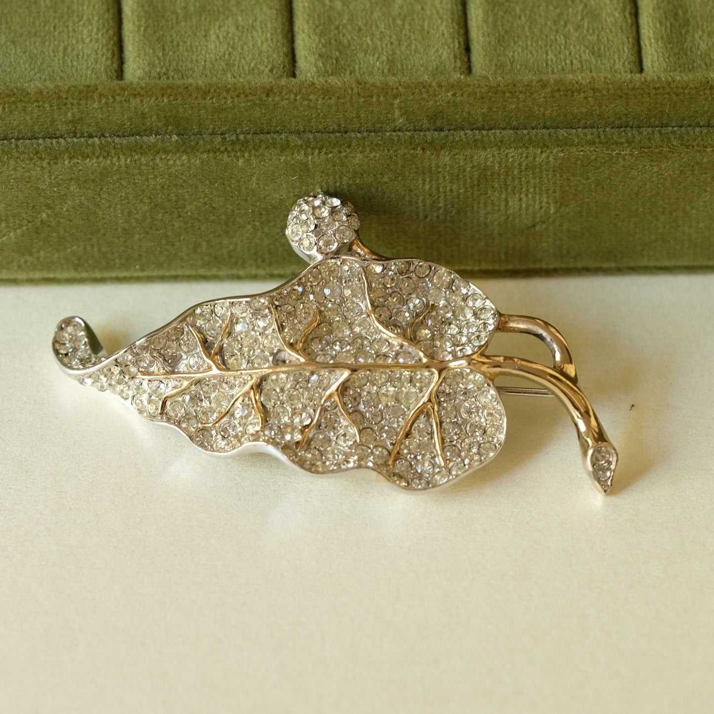 Vintage Reja Leaf Pave Rhinestones Brooch 1940s