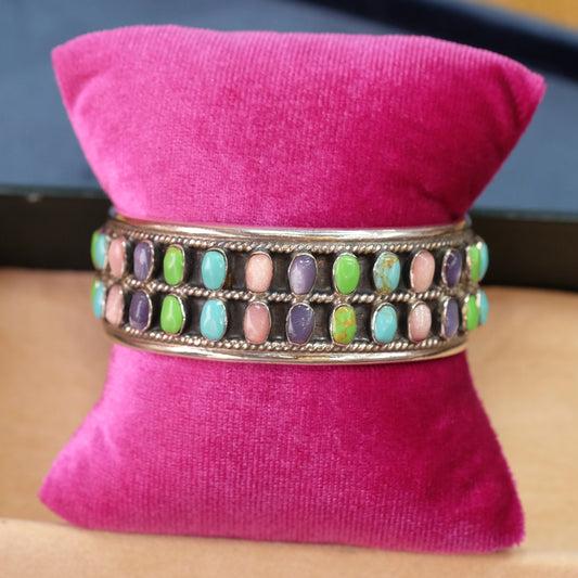 Vintage Silver Multicolor Gemstone Cuff Bracelet