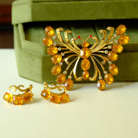 Vintage Butterfly Brooch and Earrings Set 1940s