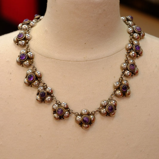 Vintage Silver Amethyst Flower Necklace