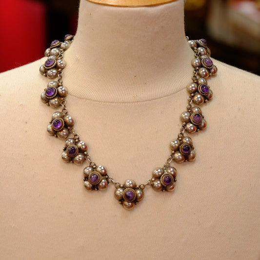 Vintage Silver Amethyst Flower Necklace