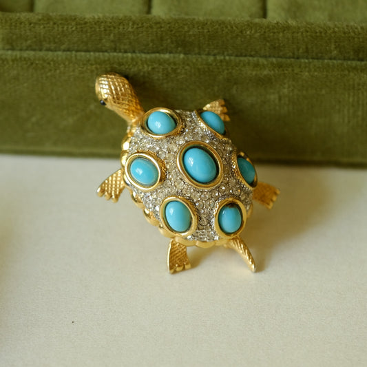 Vintage D'Orlan Small Turtle Brooch with Faux Turquoise