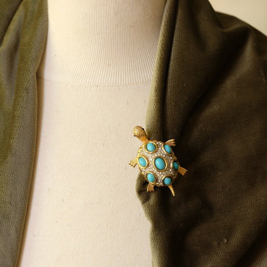 Vintage D'Orlan Small Turtle Brooch with Faux Turquoise