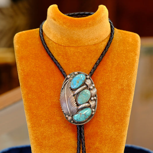 Oval Bolo Necklace with Turquoise and Feather