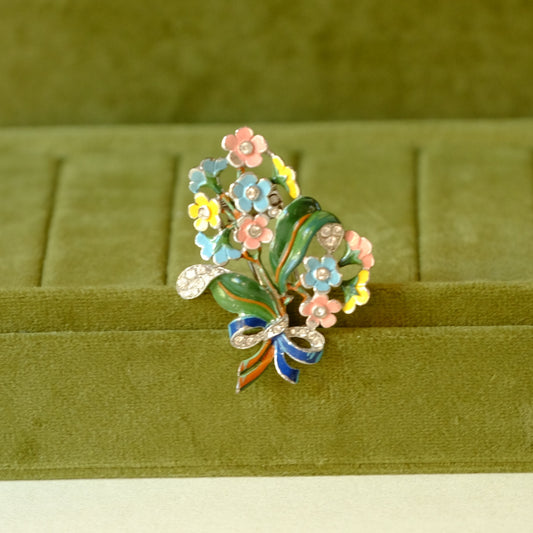 Vintage Trifari Flower Bouquet Enamel Fur Clip 1940s