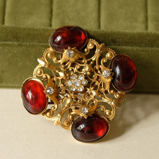 Vintage Faux Amber Filigree Brooch