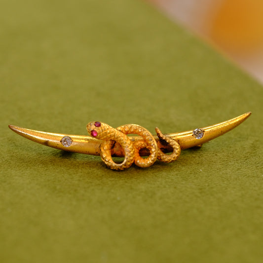 Victorian Serpent Crescent Pin with Crystal Details