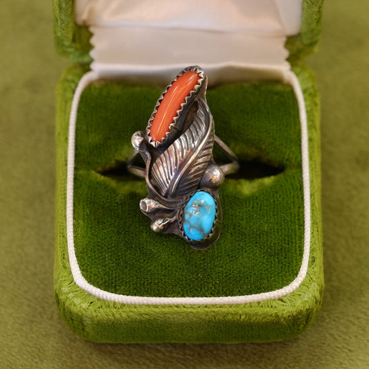 Silver Turquoise and Coral Ring with Feather