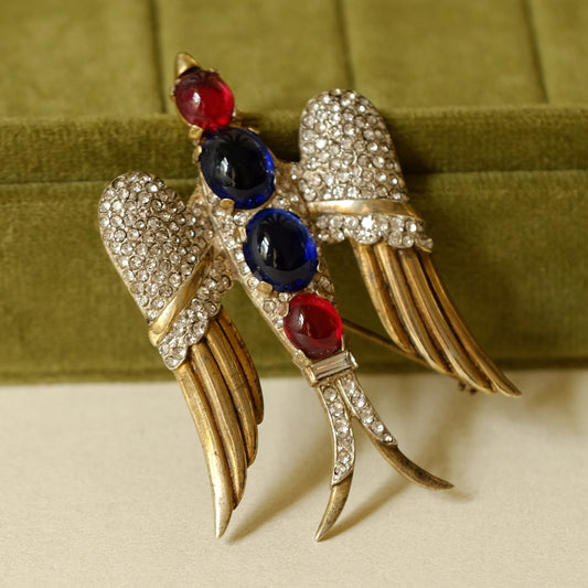 Vintage Trifari Red and Blue Glass Swallow Brooch 1940s