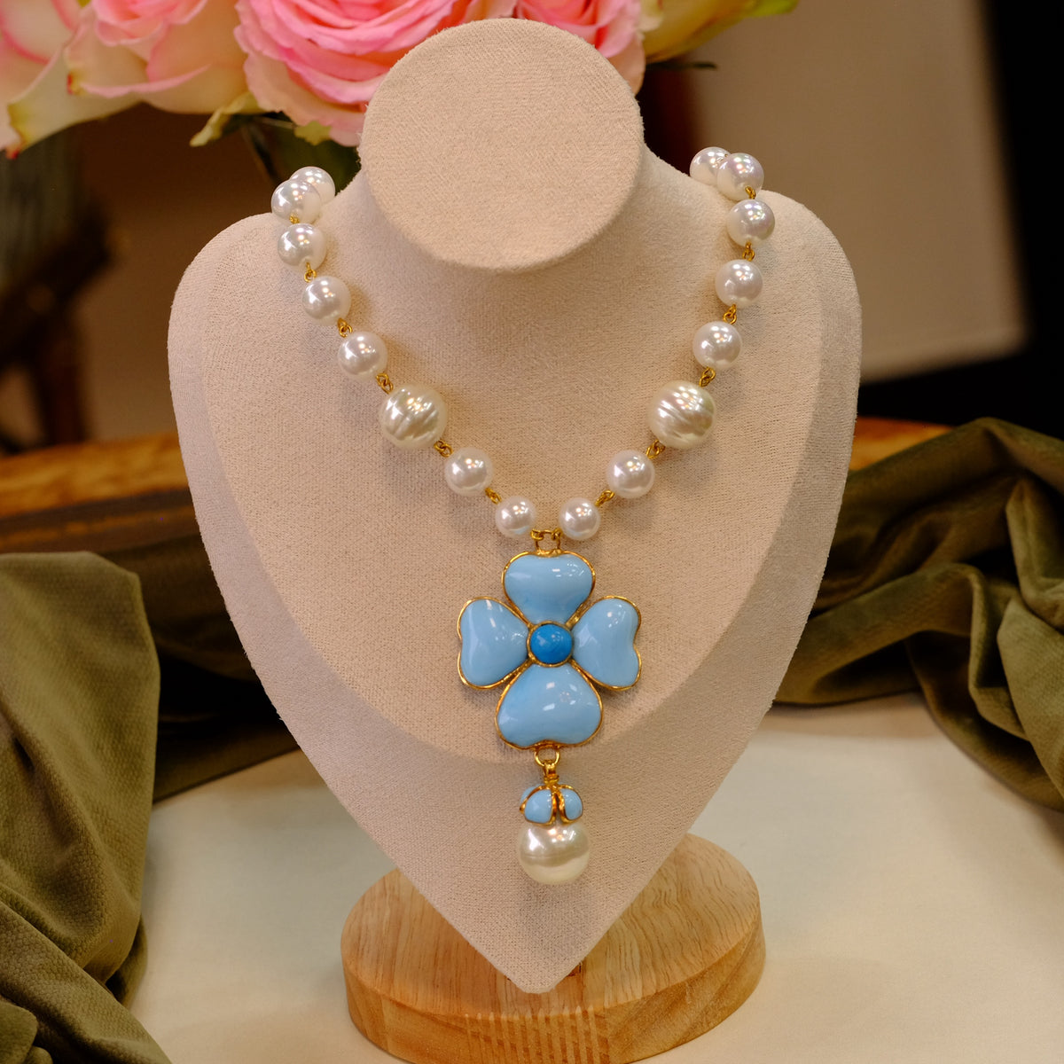 Napoli Blue Glass & Pearl Drop Necklace