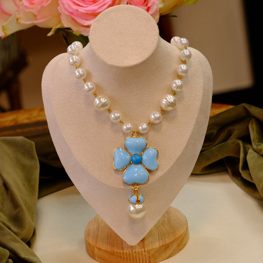 Napoli Blue Glass & Pearl Drop Necklace