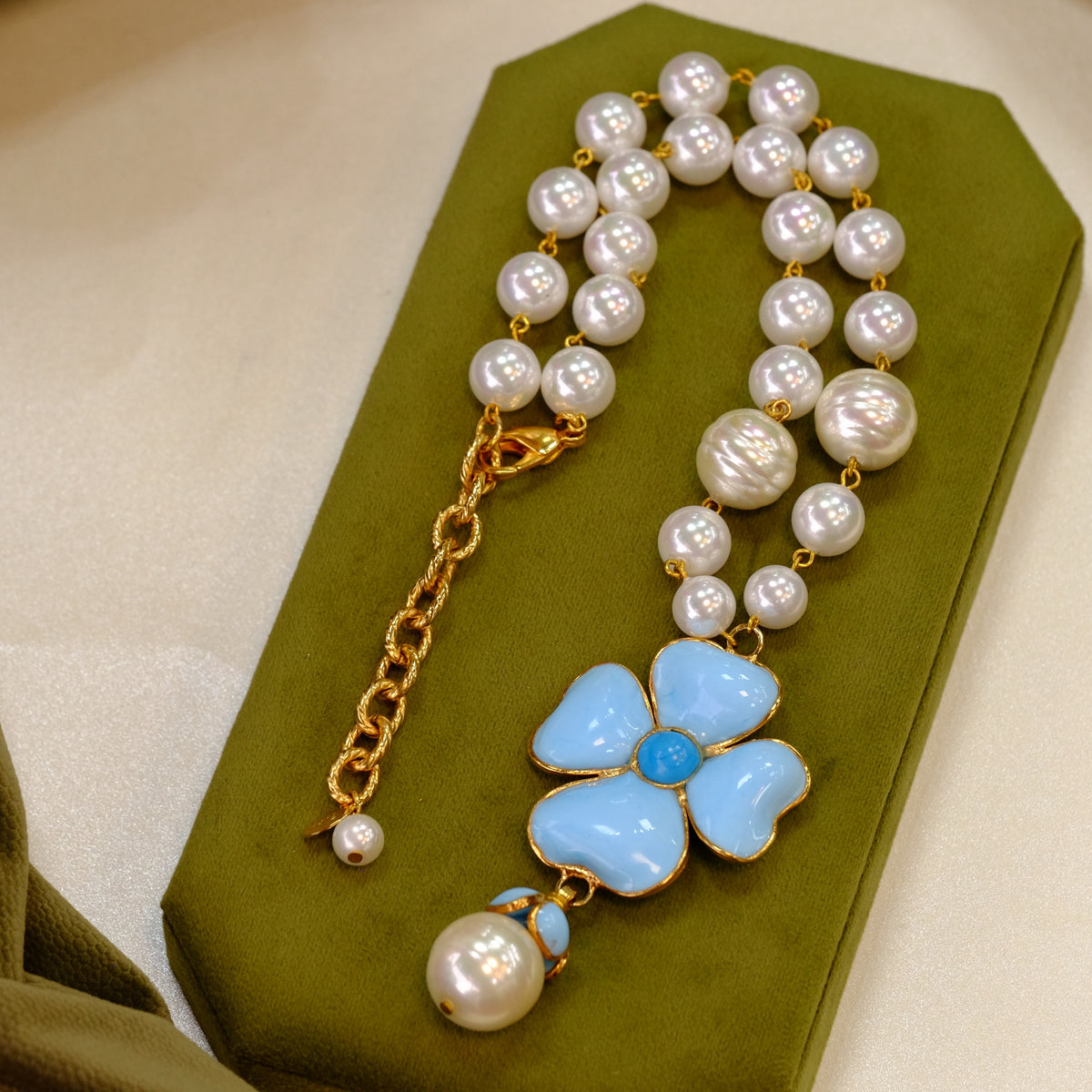 Napoli Blue Glass & Pearl Drop Necklace