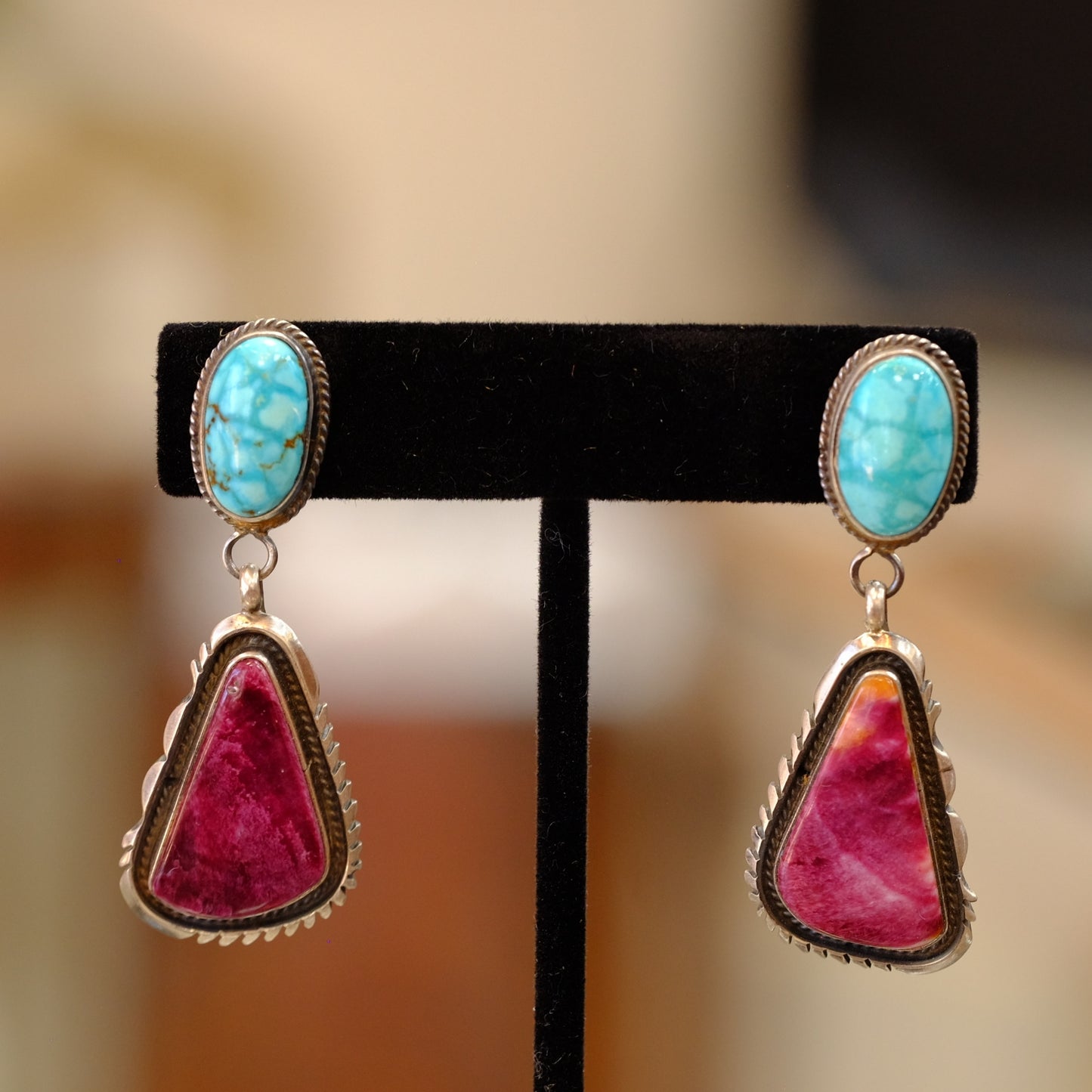 Silver and Stone Pierced Earrings with Turquoise by Nila Johnson