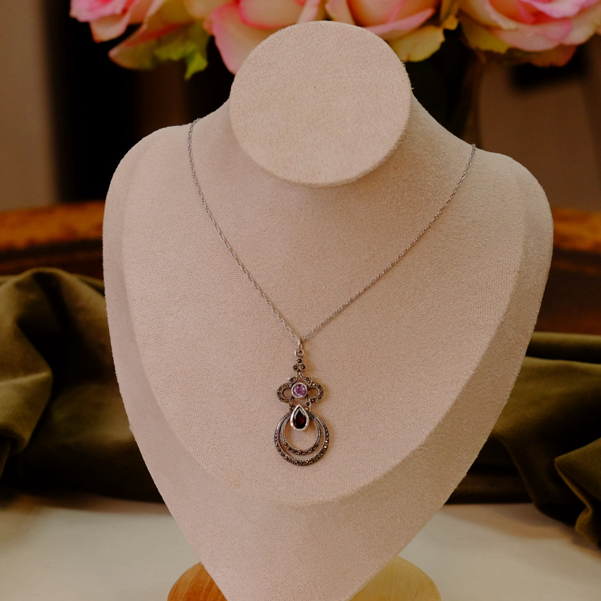 Sterling Silver Necklace with Marcasite and Colored Stones
