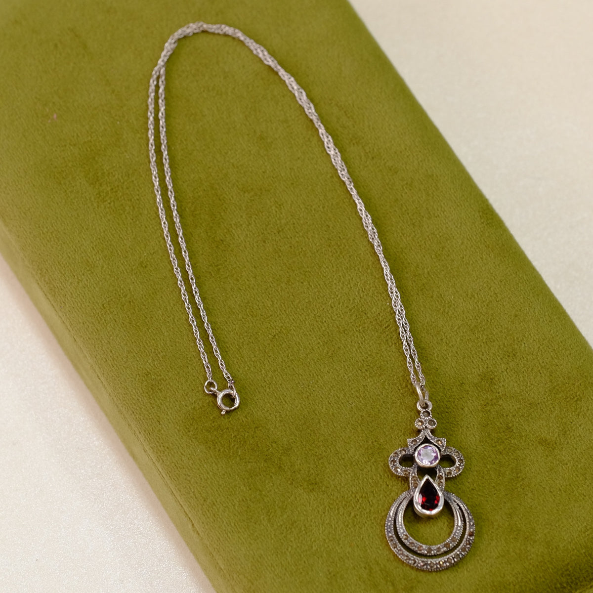 Sterling Silver Necklace with Marcasite and Colored Stones