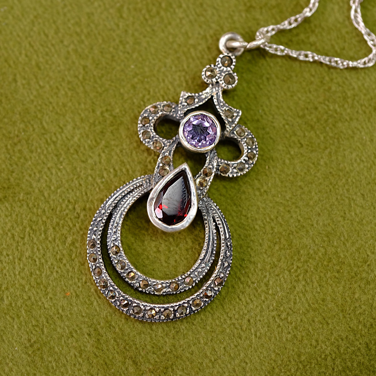 Sterling Silver Necklace with Marcasite and Colored Stones
