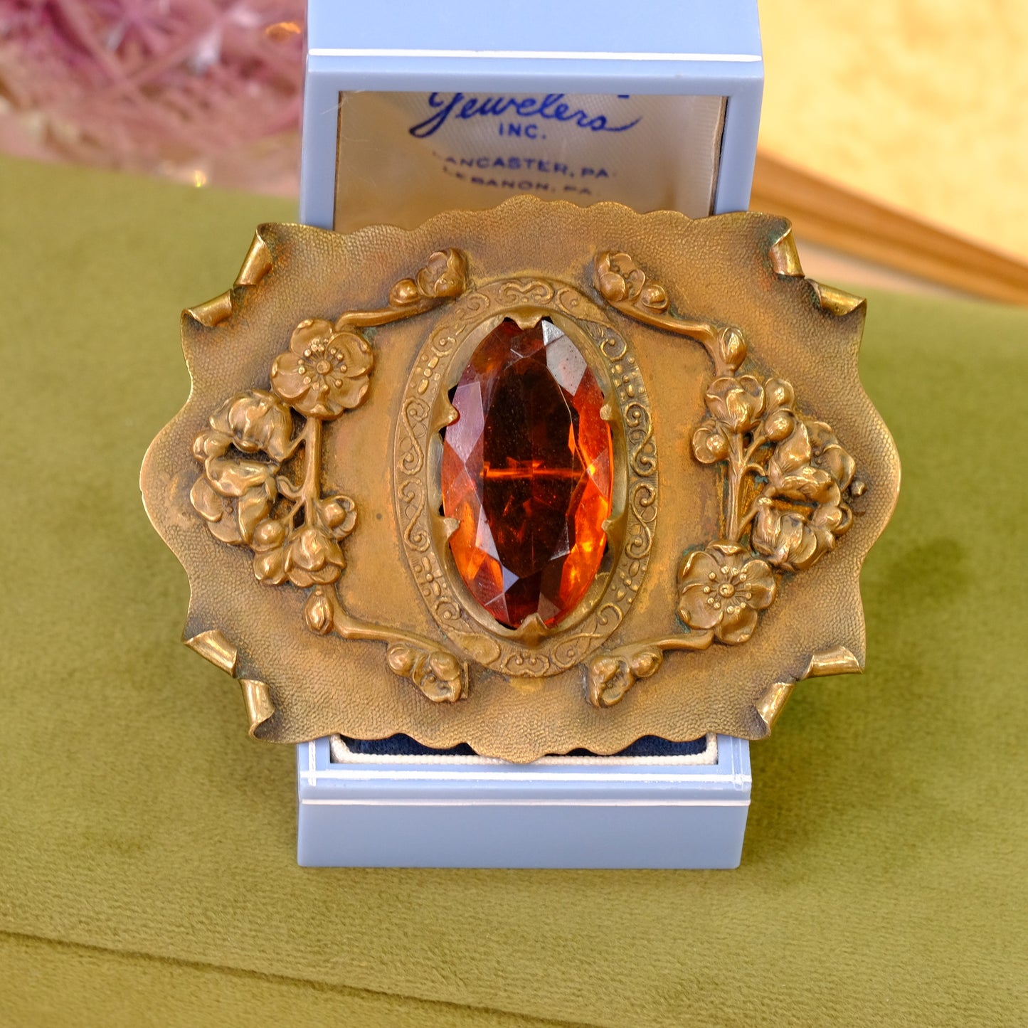 Gold Sash Pin with Oval Amber Stone