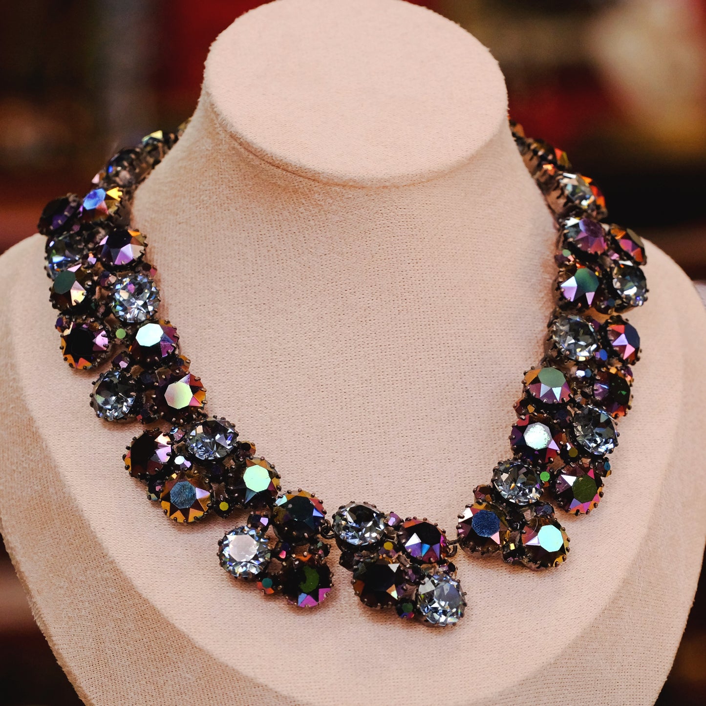 Austria Blue Purple Two row Huge Aurora Borealis Necklace 1950s