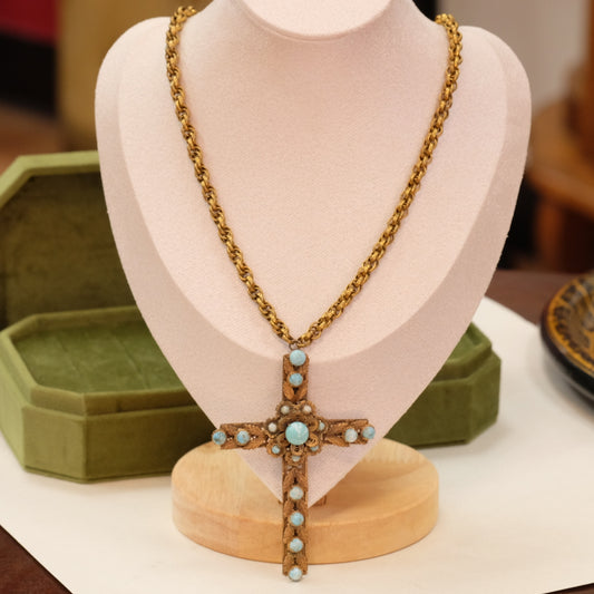Vintage Large Cross Brass Faux Turquoise
