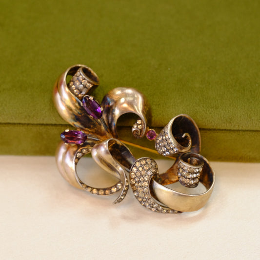 Sterling Silver Gold-Washed Brooch with Purple Stones 1940s