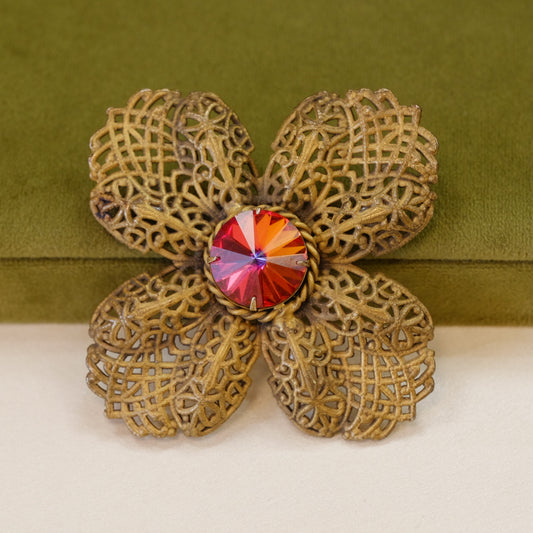 Art Nouveau Filigree Flower Brooch with Red Stone