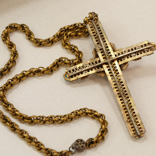 Vintage Large Cross Brass Faux Turquoise