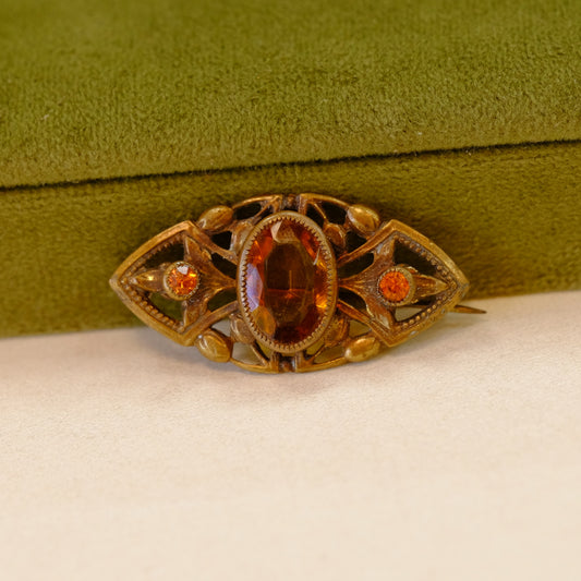 Art Nouveau Gold Tone Pin with Amber Stones 1920s