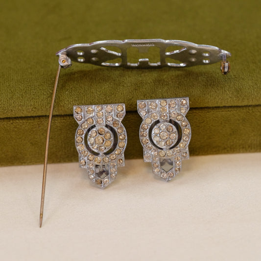 Vintage Czech Rhinestone Duette Brooch / Dress Clips 1940s