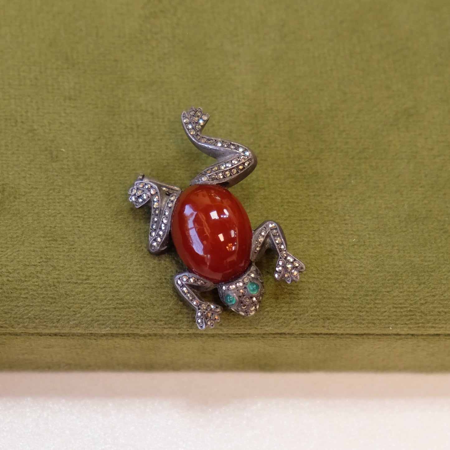 Early Silver Carnelian Glass Frog Brooch