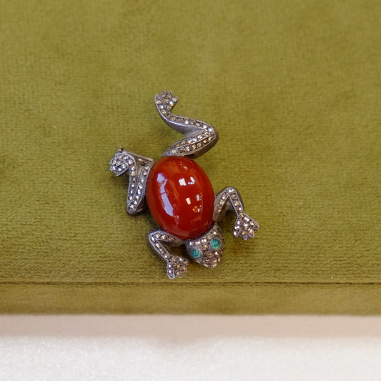 Early Silver Carnelian Glass Frog Brooch