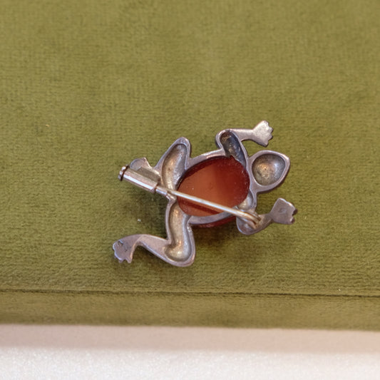 Early Silver Carnelian Glass Frog Brooch