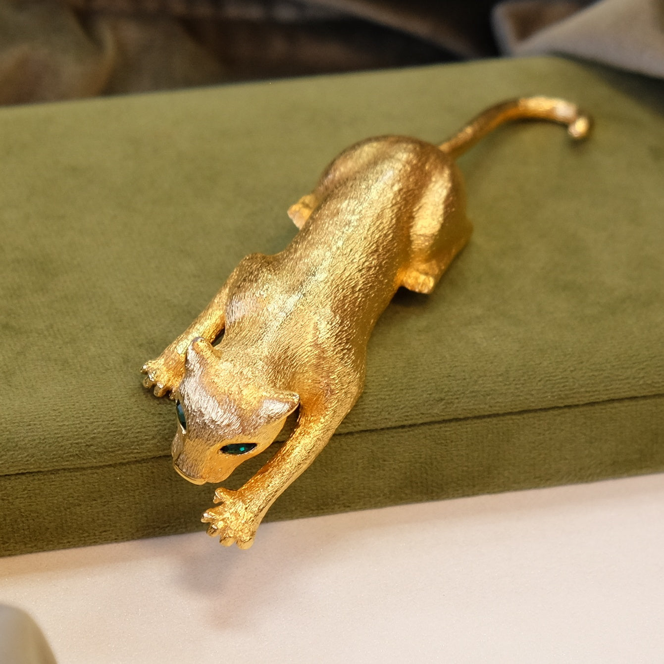 Large Cat Gold tone Brooch with moving tail