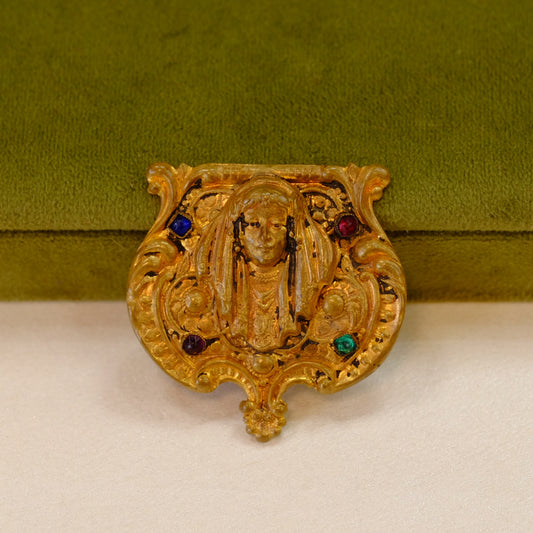 Art Nouveau Gold Tone Jeweled Lady Pin 1920s
