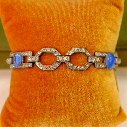 Art Deco Rhinestone Link Bracelet with Blue Star Sapphires 1920s