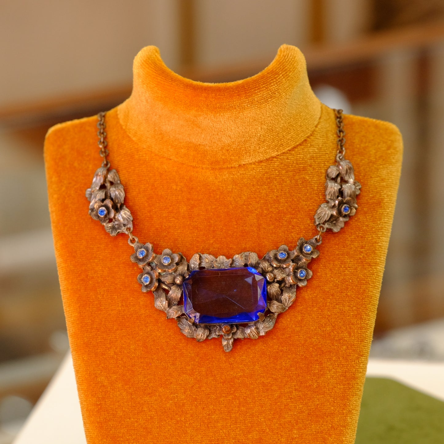 Antique Collar Necklace with Sapphire Glass and Floral Metalwork Motifs