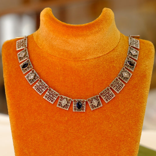 Edwardian Pierced Filigree Necklace with Czech Glass Cobalt and Rhinestones 1910s