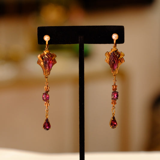 Early Century Amethyst Glass Dangle Earrings