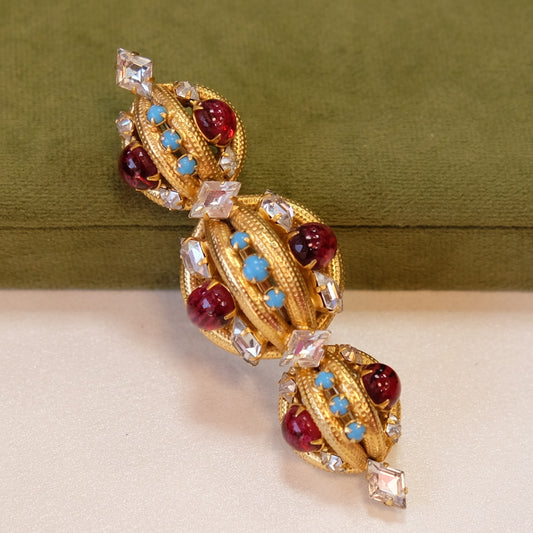 Scaasi Designer Brooch with red and turquoise glass