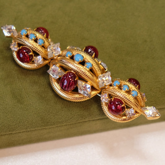Scaasi Designer Brooch with Red and Turquoise Glass