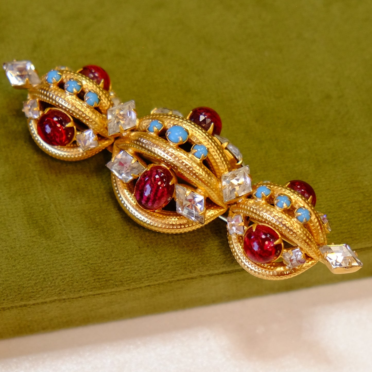 Scaasi Designer Brooch with red and turquoise glass