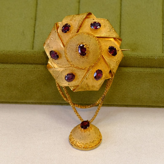 Victorian Gold Tone Brooch with Garnets